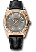 Rolex Everose Gold Day-Date 36 Watch - Fluted Bezel - Rhodium Index Dial - Black Leather - 118135 rhl - Carbon Watch Company