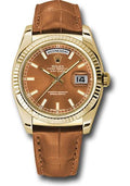 Rolex Yellow Gold Day-Date 36 Watch - Fluted Bezel - Cognac Index Dial - Cognac Leather - 118138 col - Carbon Watch Company
