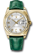 Rolex Yellow Gold Day-Date 36 Watch - Fluted Bezel - Silver Diamond Dial - Green Leather - 118138 sdl - Carbon Watch Company