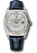 Rolex White Gold Day-Date 36 Watch - Fluted Bezel - Silver Index Dial - Blue Leather - 118139 sibl - Carbon Watch Company