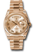 Rolex Pink Gold Day-Date 36 Watch - Fluted Bezel - Champagne Roman Dial - President Bracelet - 118235 chrp - Carbon Watch Company