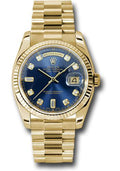 Rolex Yellow Gold Day-Date 36 Watch - Fluted Bezel - Blue Diamond Dial - President Bracelet - 118238 bdp - Carbon Watch Company