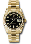 Rolex Yellow Gold Day-Date 36 Watch - Fluted Bezel - Black Diamond Dial - President Bracelet - 118238 bkdp - Carbon Watch Company