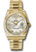 Rolex Yellow Gold Day-Date 36 Watch - Fluted Bezel - Mother-Of-Pearl Roman Dial - President Bracelet - 118238 mrp - Carbon Watch Company