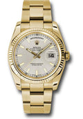 Rolex Yellow Gold Day-Date 36 Watch - Fluted Bezel - Silver Index Dial - Oyster Bracelet - 118238 sio - Carbon Watch Company