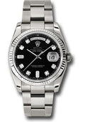 Rolex White Gold Day-Date 36 Watch - Fluted Bezel - Black Diamond Dial - Oyster Bracelet - 118239 bkdo - Carbon Watch Company