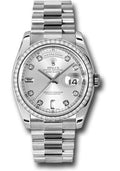 Rolex Platinum Day-Date 36 Watch - Bezel - Silver Diamond Dial - President Bracelet - 118346 sdp - Carbon Watch Company