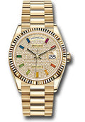 Rolex Yellow Gold Day-Date 36 Watch - Fluted Bezel - Diamond-Paved Rainbow Sapphire Dial - President Bracelet - 128238 dprsp - Carbon Watch Company