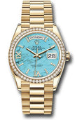 Rolex Yellow Gold Day-Date 36 Watch - Diamond Bezel - Turquoise Diamond Roman Dial - President Bracelet - 128348RBR tdidrp - Carbon Watch Company