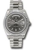 Rolex White Gold Day-Date 40 Watch - Fluted Bezel - Dark Rhodium Stripe Motif Index Dial - President Bracelet - 228239 rsmip - Carbon Watch Company