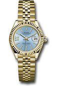 Rolex Yellow Gold Lady-Datejust 28 Watch - Fluted Bezel - Cornflower Blue Stripe Diamond Index Dial - Jubilee Bracelet - 279178 cbls36dix8dj - Carbon Watch Company