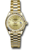 Rolex Yellow Gold Lady-Datejust 28 Watch - Fluted Bezel - Champagne Roman Dial - President Bracelet - 279178 chrp - Carbon Watch Company