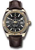 Rolex Yellow Gold Sky-Dweller Watch - Black Index Dial - Brown Leather Strap - 326138 bk - Carbon Watch Company