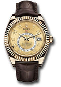 Rolex Yellow Gold Sky-Dweller Watch - Champagne Arabic Dial - Brown Leather Strap - 326138 ch - Carbon Watch Company