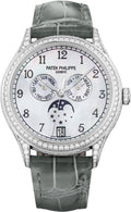 Patek Philippe Complications Annual Calendar Moon Phases White Gold White Mother of Pearl Dial Diamond Bezel 38mm - 4948G-010 - Carbon Watch Company