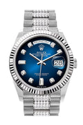 Rolex Day-Date 36 Blue Ombre Diamond Dial Fluted Bezel White Gold Diamond President Watch 128239 - Carbon Watch Company