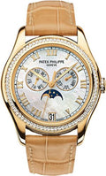 Patek Philippe Complications Ladies Annual Calendar Moon Phase White Mother of Pearl 37mm Roman Diamond Bezel Yellow Gold Leather Date | 4936J-001 - Carbon Watch Company