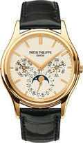 Patek Philippe Grand Complications Day-Date Annual Calendar Moon Phase 37.2mm White Opaline Index Yellow Gold Leather Automatic | 5140J-001 - Carbon Watch Company