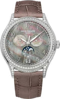 Patek Philippe Complications Ladies Annual Calendar Moon Phase 38mm Black Tahitian Mother of Pearl Arabic White Gold Diamond Set Leather Automatic | 4948G-001 - Carbon Watch Company