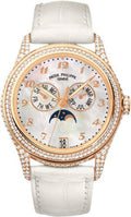 Patek Philippe Complications Ladies Annual Calendar Moon Phase 37mm White Mother of Pearl Arabic Rose Gold Diamond Set Leather Date | 4937R-001 - Carbon Watch Company