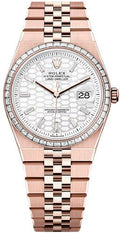 Rolex Land-Dweller 36 Everose Gold Intense White Honeycomb Motif Baguette Diamonds Set Dial Diamond Set Bezel Flat Jubilee Bracelet 127285TBR - 2025 - Carbon Watch Company