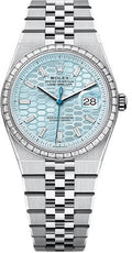 Rolex Land-Dweller 36 Platinum Ice Blue Honeycomb Motif Dial Baguette Diamond-Set Bezel Flat Jubilee Bracelet 127286TBR - 2025 - Carbon Watch Company