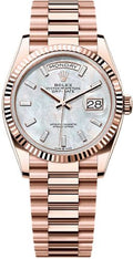 Rolex Day-Date 36 36mm White MOP Diamond-Set Dial Fluted Bezel President Bracelet - 128235 | 2024 Model - Carbon Watch Company