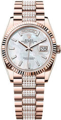 Rolex Day-Date 36 36mm White MOP Diamond-Set Dial Fluted Bezel President Bracelet - 128235 | 2024 Model - Carbon Watch Company