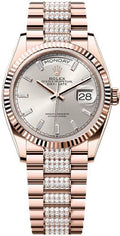Rolex Day-Date 36 36mm Silver Diamond-Set Dial Fluted Bezel President Bracelet - 128235 | 2024 Model - Carbon Watch Company