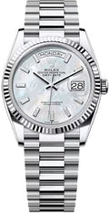 Rolex Day-Date 36 36mm White MOP Diamond-Set Dial Fluted Bezel President Bracelet - 128236 | 2024 Model - Carbon Watch Company