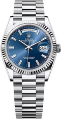 Rolex Day-Date 36 36mm Bright Blue Diamond-Set Dial Fluted Bezel President Bracelet - 128236 | 2024 Model - Carbon Watch Company
