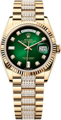 Rolex Day-Date 36 36mm Green Ombré Diamond-Set Dial Fluted Bezel with Diamond-Set President Bracelet - 128238 | 2024 Model - Carbon Watch Company