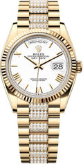 Rolex Day-Date 36 36mm White Roman Dial Fluted Bezel with Diamond-Set President Bracelet - 128238 | 2024 Model - Carbon Watch Company