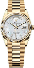 Rolex Day-Date 36 36mm White MOP Diamond-Set Dial Fluted Bezel President Bracelet - 128238 | 2024 Model - Carbon Watch Company