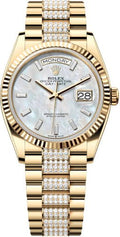 Rolex Day-Date 36 36mm White MOP Diamond-Set Dial Fluted Bezel with Diamond-Set President Bracelet - 128238 | 2024 Model - Carbon Watch Company