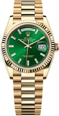 Rolex Day-Date 36 36mm Bright Green Diamond-set Dial Fluted Bezel President Bracelet - 128238 | 2024 Model - Carbon Watch Company