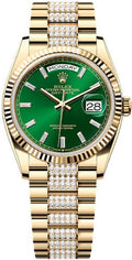 Rolex Day-Date 36 36mm Bright Green Diamond-Set Dial Fluted Bezel with Diamond-Set President Bracelet - 128238 | 2024 Model - Carbon Watch Company