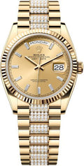 Rolex Day-Date 36 36mm Champagne Diamond-Set Dial Fluted Bezel with Diamond-Set President Bracelet - 128238 | 2024 Model - Carbon Watch Company