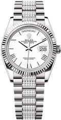 Rolex Day-Date 36 36mm White Roman Dial Fluted Bezel with Diamond-Set President Bracelet - 128239 | 2024 Model - Carbon Watch Company