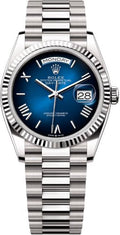 Rolex Day-Date 36 36mm Blue Ombré Roman Dial Fluted Bezel President Bracelet - 128239 | 2024 Model - Carbon Watch Company