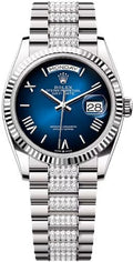 Rolex Day-Date 36 36mm Blue Ombré Dial Fluted Bezel with Diamond-Set President Bracelet - 128239 | 2024 Model - Carbon Watch Company
