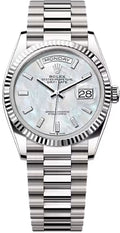 Rolex Day-Date 36 36mm White MOP Diamond-Set Dial Fluted Bezel President Bracelet - 128239 | 2024 Model - Carbon Watch Company
