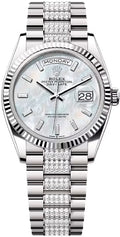 Rolex Day-Date 36 36mm White MOP Diamond-Set Dial Fluted Bezel with Diamond-Set President Bracelet - 128239 | 2024 Model - Carbon Watch Company