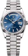 Rolex Day-Date 36 36mm Bright Blue Diamond-Set Dial Fluted Bezel with Diamond-Set President Bracelet - 128239 | 2024 Model - Carbon Watch Company