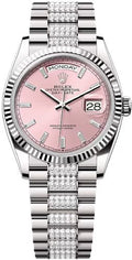 Rolex Day-Date 36 36mm Pink Diamond-Set Dial Fluted Bezel with Diamond-Set President Bracelet - 128239 | 2024 Model - Carbon Watch Company