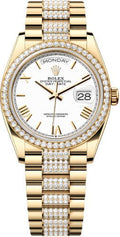 Rolex Day-Date 36 36mm White Roman Dial Diamond-Set Bezel with Diamond-Set President Bracelet - 128348RBR | 2024 Model - Carbon Watch Company