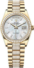 Rolex Day-Date 36 36mm White MOP Diamond-Set Dial Diamond-Set Bezel with Diamond-Set President Bracelet - 128348RBR | 2024 Model - Carbon Watch Company