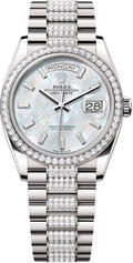 Rolex Day-Date 36 36mm White MOP Diamond-Set Dial Diamond-Set Bezel with Diamond-Set President Bracelet - 128349RBR | 2024 Model - Carbon Watch Company