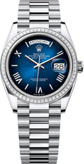 Rolex Day-Date 36 36mm Blue Ombré Roman Dial Diamond-Set Bezel President Bracelet - 128396TBR | 2024 Model - Carbon Watch Company