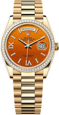Rolex Day-Date 36 36mm Carnelian Diamond Dial Diamond-Set Bezel President Bracelet - 128398TBR | 2024 Model - Carbon Watch Company